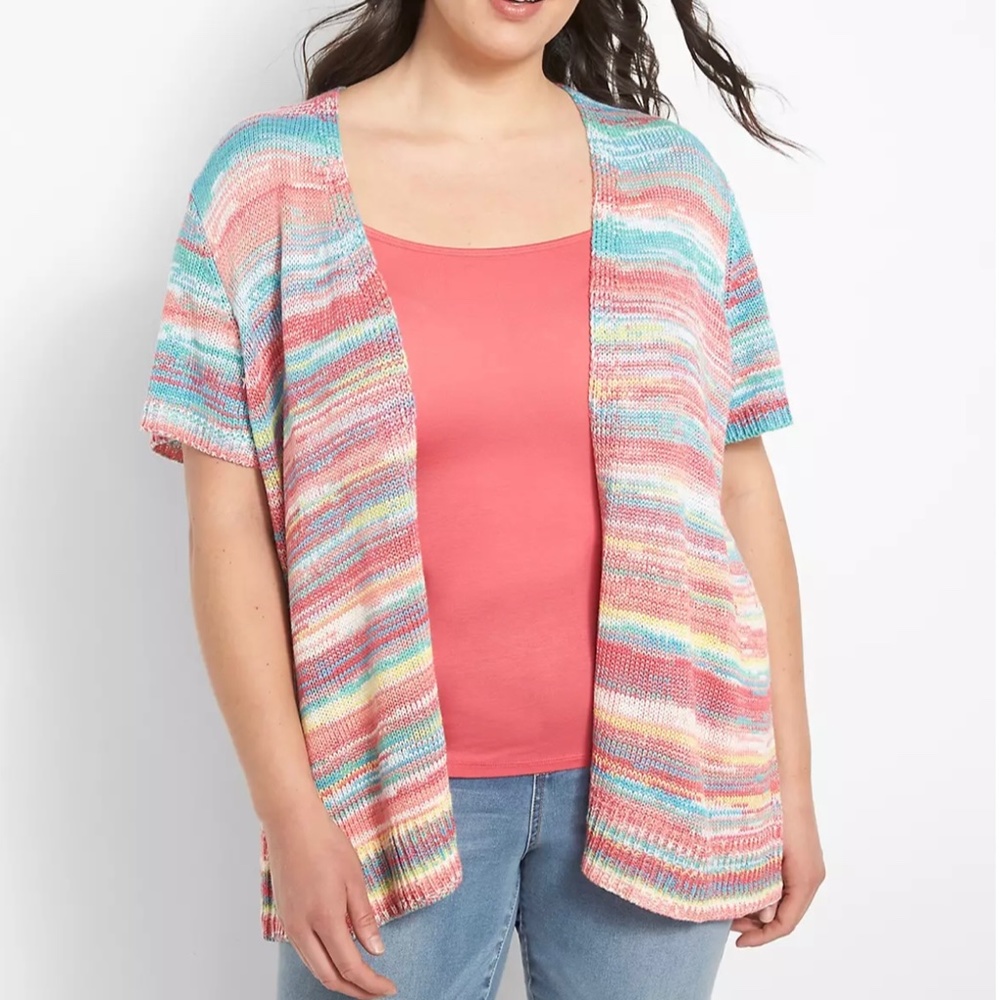 Lane Bryant Open Knit Cardigan Plus Size 18 20 Short Sleeve Colorful Coastal NWT